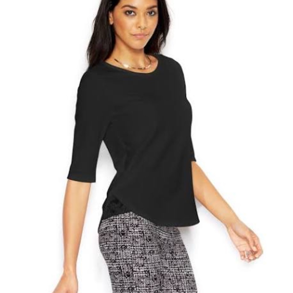 BAR III Zip Back Black Lace 3/4 Sleeve Top - Size Large